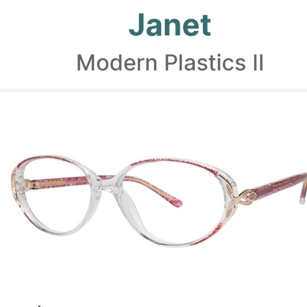 Modern Janet plastic glass frames. Good used condition. Gold, pinkish red.